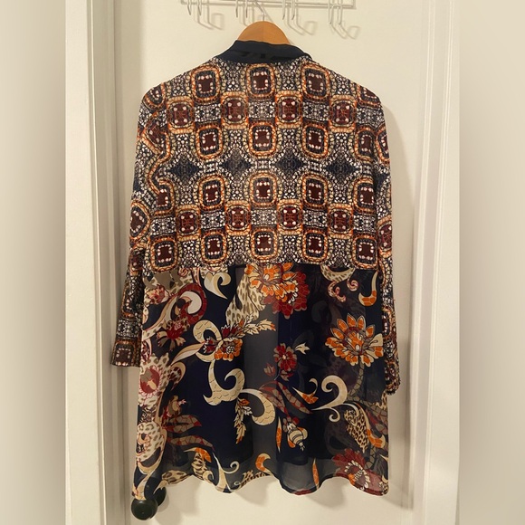 Chico's Mixed Soiree Tile Long Jacket open front kimono semi sheer size L - Picture 4 of 6